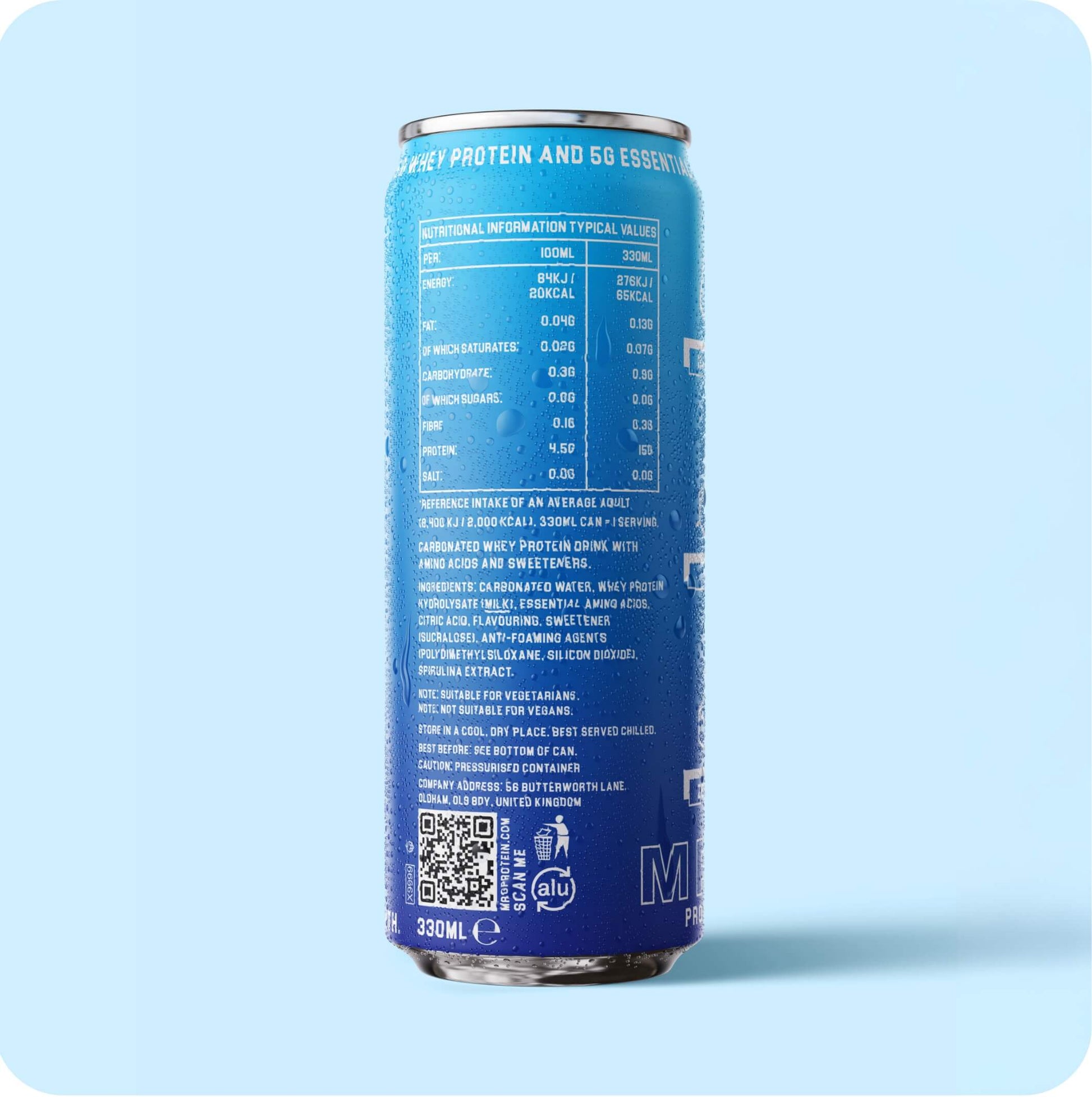 Back of MRG Protein Blue Razberry carbonated protein drink can showing nutrition and ingredients