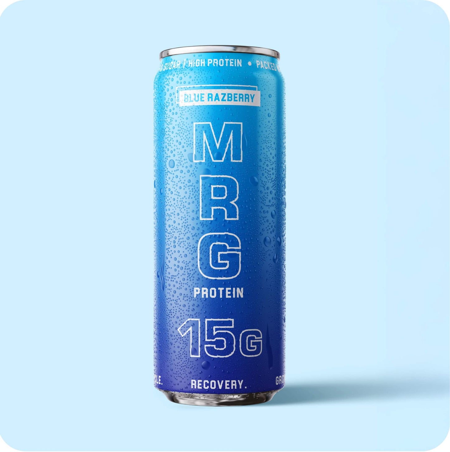 Front of MRG Protein Blue Razberry carbonated protein drink can