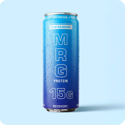 Front of MRG Protein Blue Razberry carbonated protein drink can