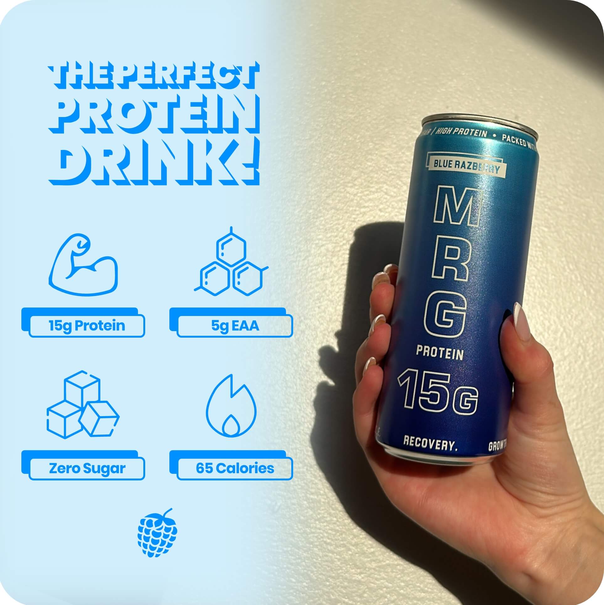 MRG Protein Blue Razberry carbonated protein drink can showing 15g protein, 5g EAA, zero sugar and 65 calories
