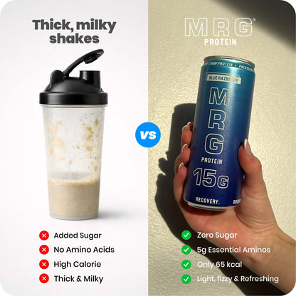 MRG Protein Blue Razberry refreshing carbonated protein drink can compared to traditional milky protein shake