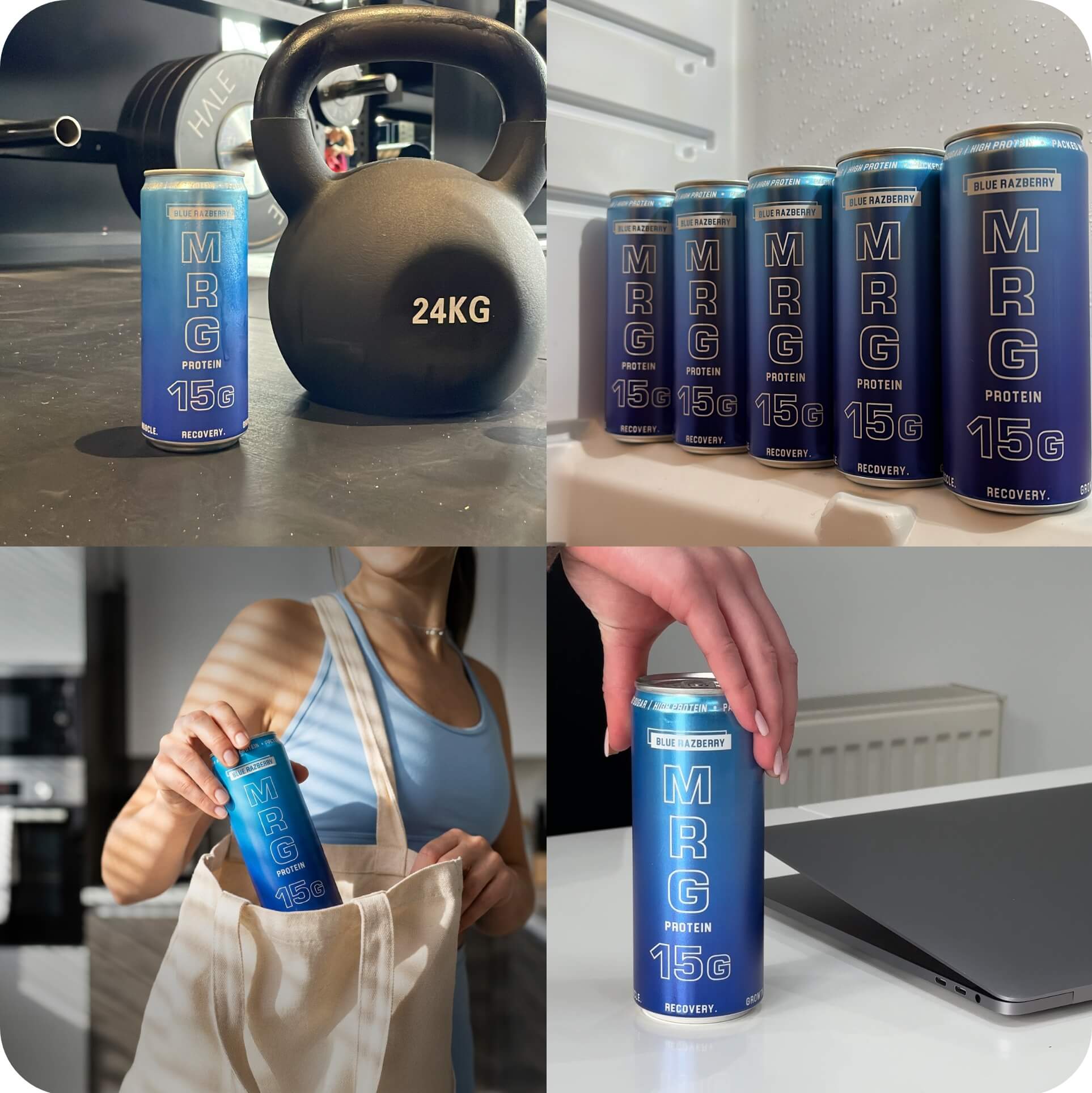 Blue Razberry MRG Protein can in multiple lifestyle settings including hand held outdoor and indoor shots showing 15g protein fizzy drink