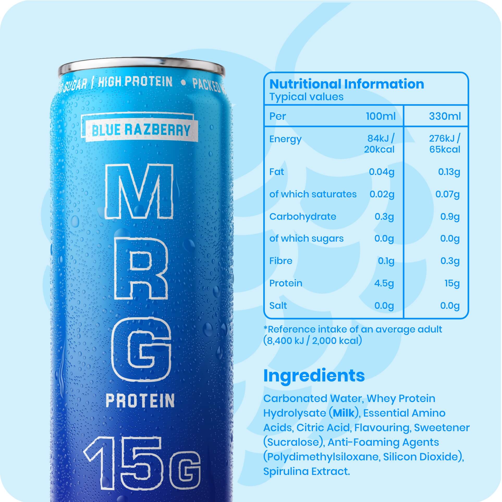 Blue Razberry MRG Protein can with condensation alongside nutritional information and ingredients showing 15g protein zero sugar low calorie fizzy drink