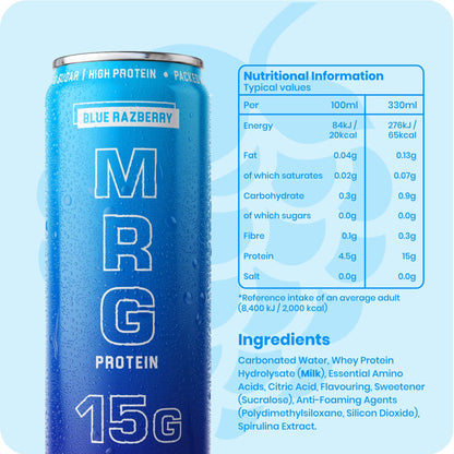Blue Razberry MRG Protein can with condensation alongside nutritional information and ingredients showing 15g protein zero sugar low calorie fizzy drink
