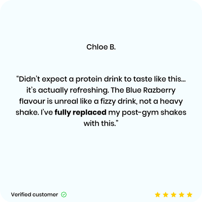 Blue Razberry product review with a customer's name and text on a white background