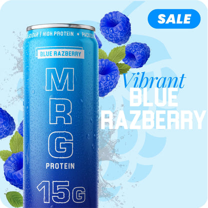 MRG Protein Blue Razberry carbonated protein drink can with flavour label and sale badge