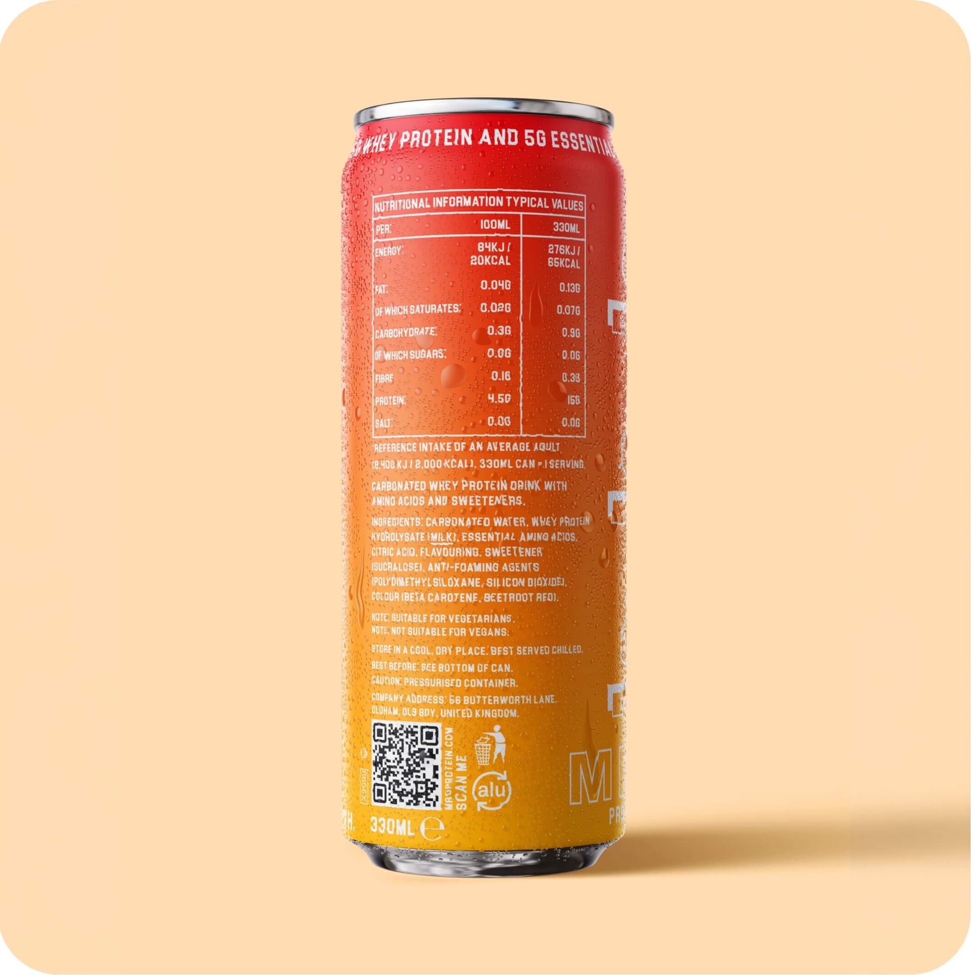 Back of MRG Protein Orange Crush carbonated protein drink can showing nutritional information and ingredients