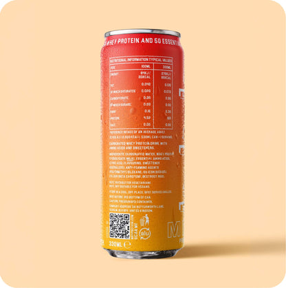 Back of MRG Protein Orange Crush carbonated protein drink can showing nutritional information and ingredients