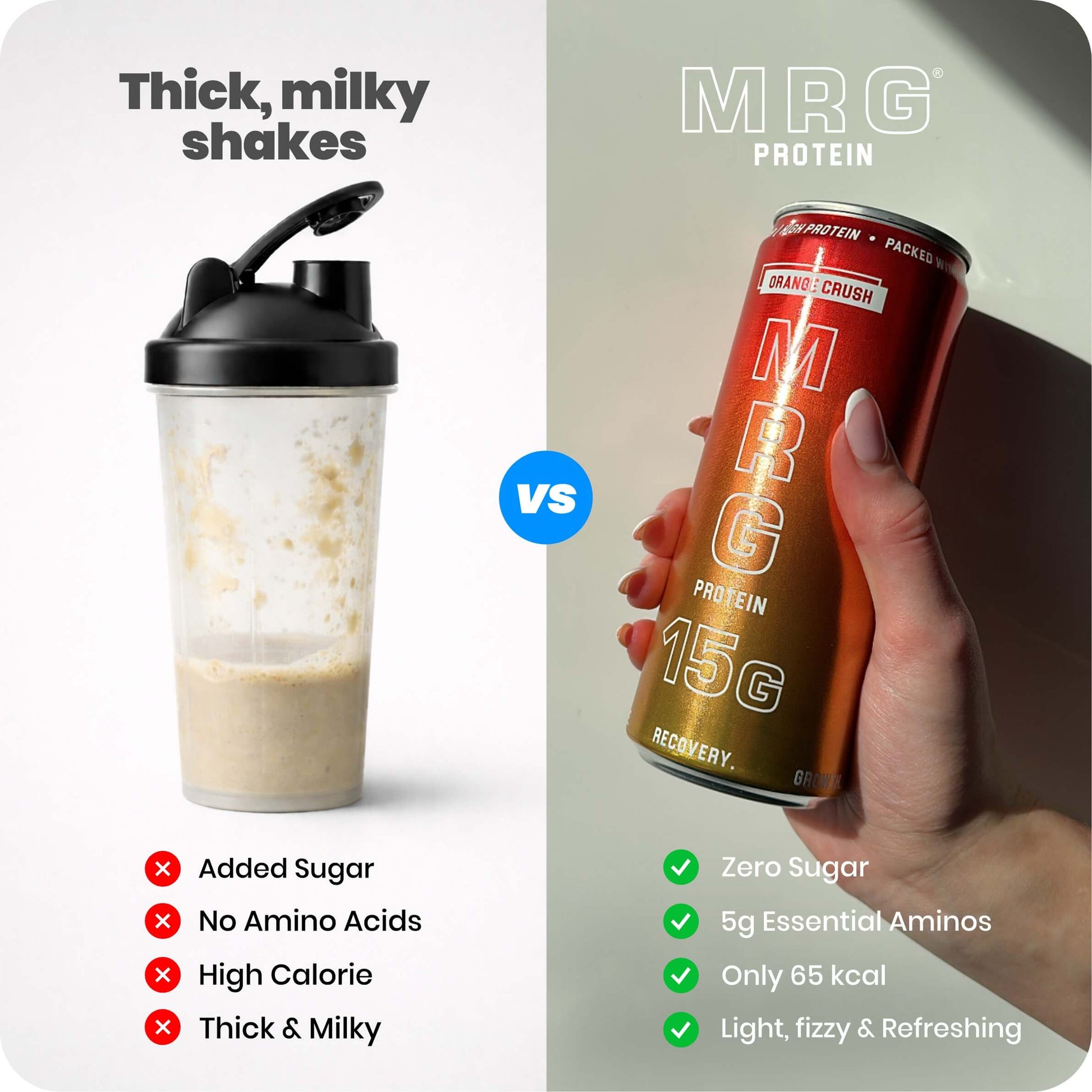 MRG Protein Orange Crush refreshing carbonated protein drink can compared to traditional milky protein shake