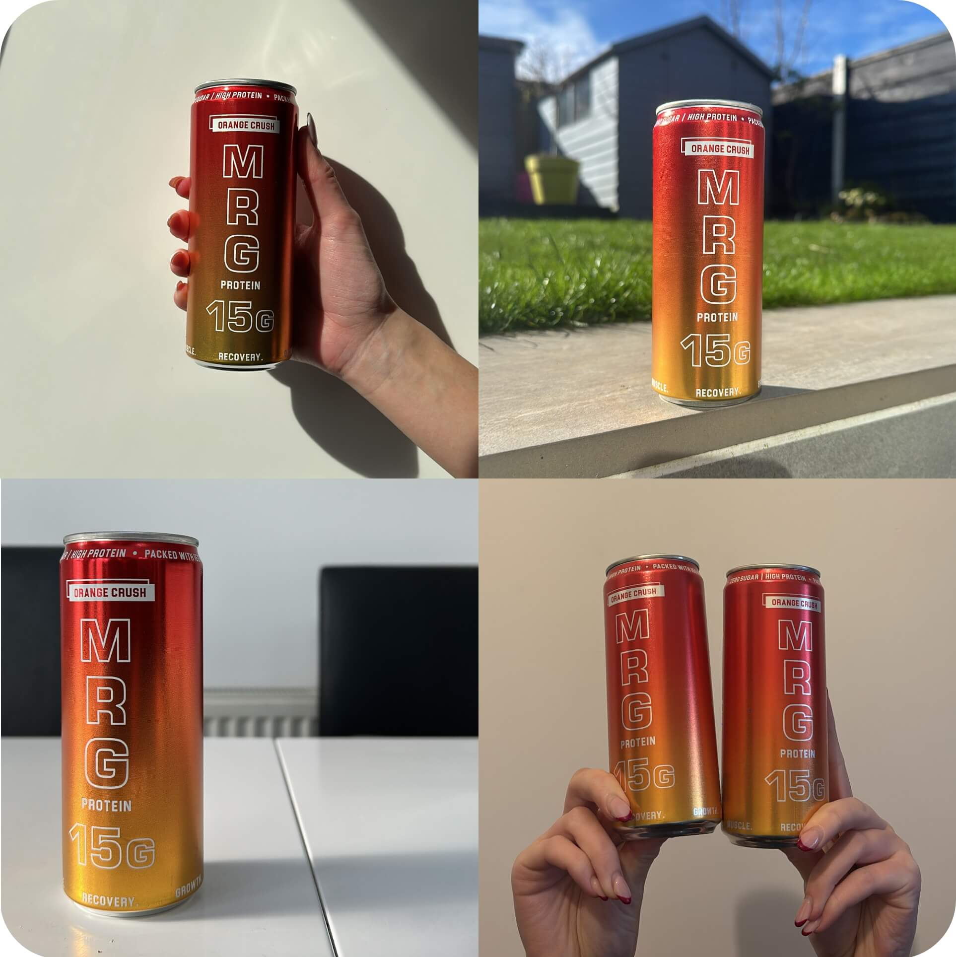 Orange Crush MRG Protein can in multiple lifestyle settings including hand held outdoor and indoor shots showing 15g protein fizzy drink