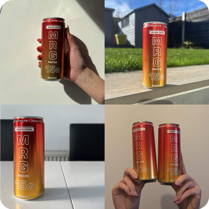 Orange Crush MRG Protein can in multiple lifestyle settings including hand held outdoor and indoor shots showing 15g protein fizzy drink