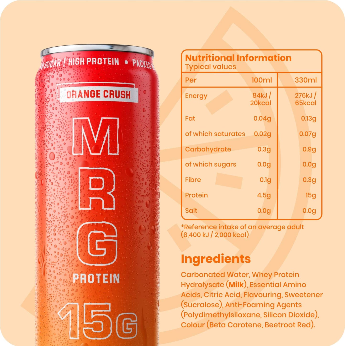 Orange Crush MRG Protein can with condensation alongside nutritional information and ingredients showing 15g protein zero sugar low calorie fizzy drink