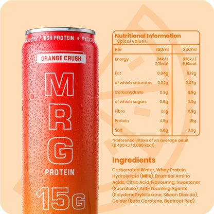 Orange Crush MRG Protein can with condensation alongside nutritional information and ingredients showing 15g protein zero sugar low calorie fizzy drink