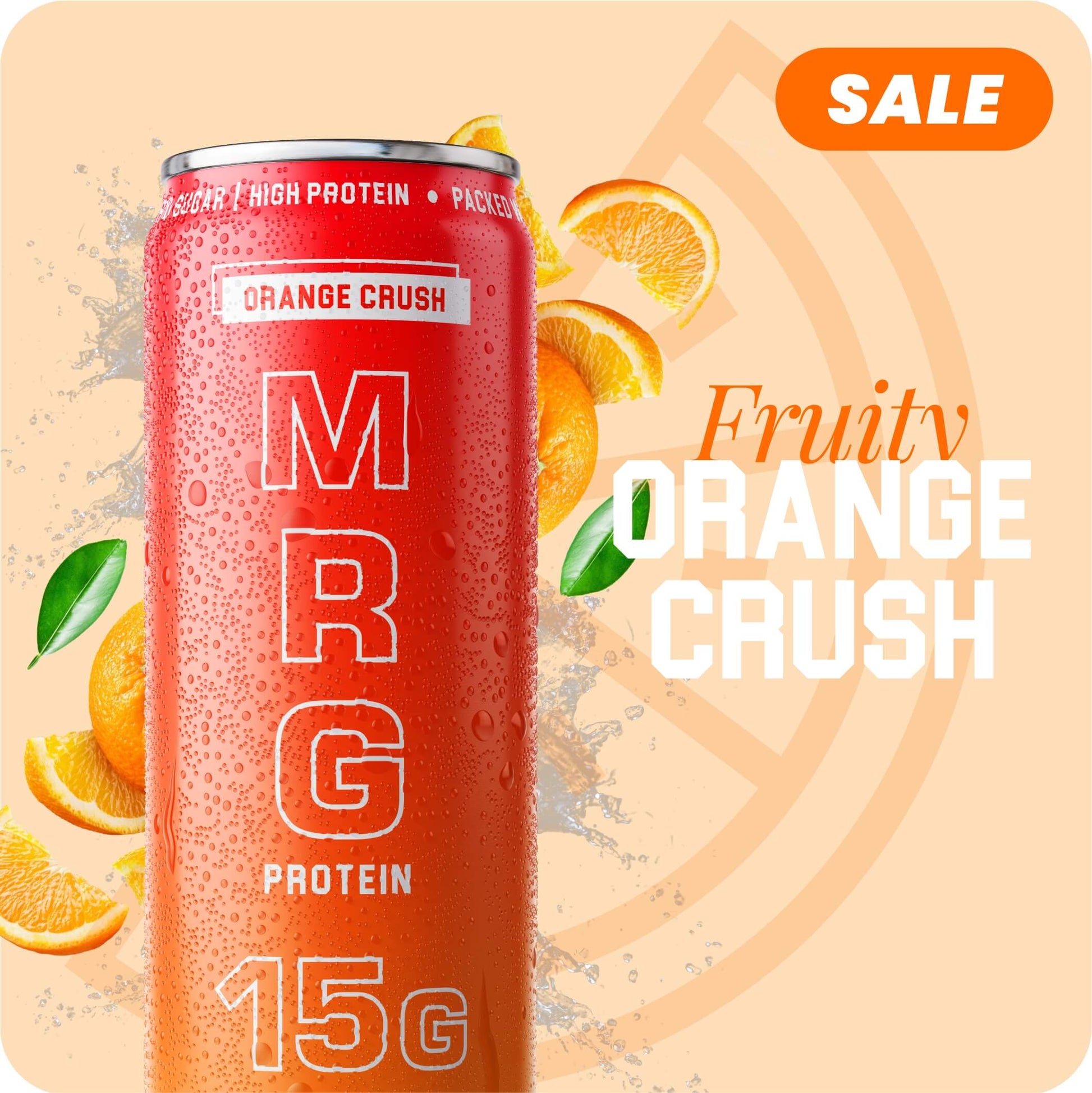 MRG Protein Orange Crush carbonated protein drink can with flavour label and sale badge