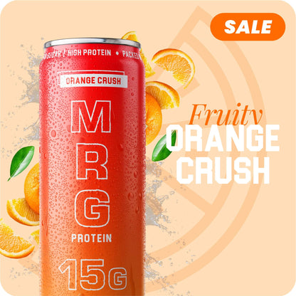 MRG Protein Orange Crush carbonated protein drink can with flavour label and sale badge