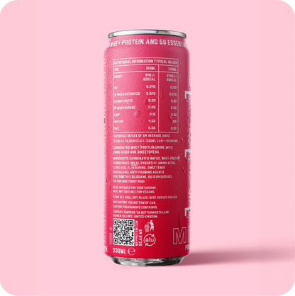 Back of MRG Protein Pink Límonada carbonated protein drink can showing nutrition and ingredients
