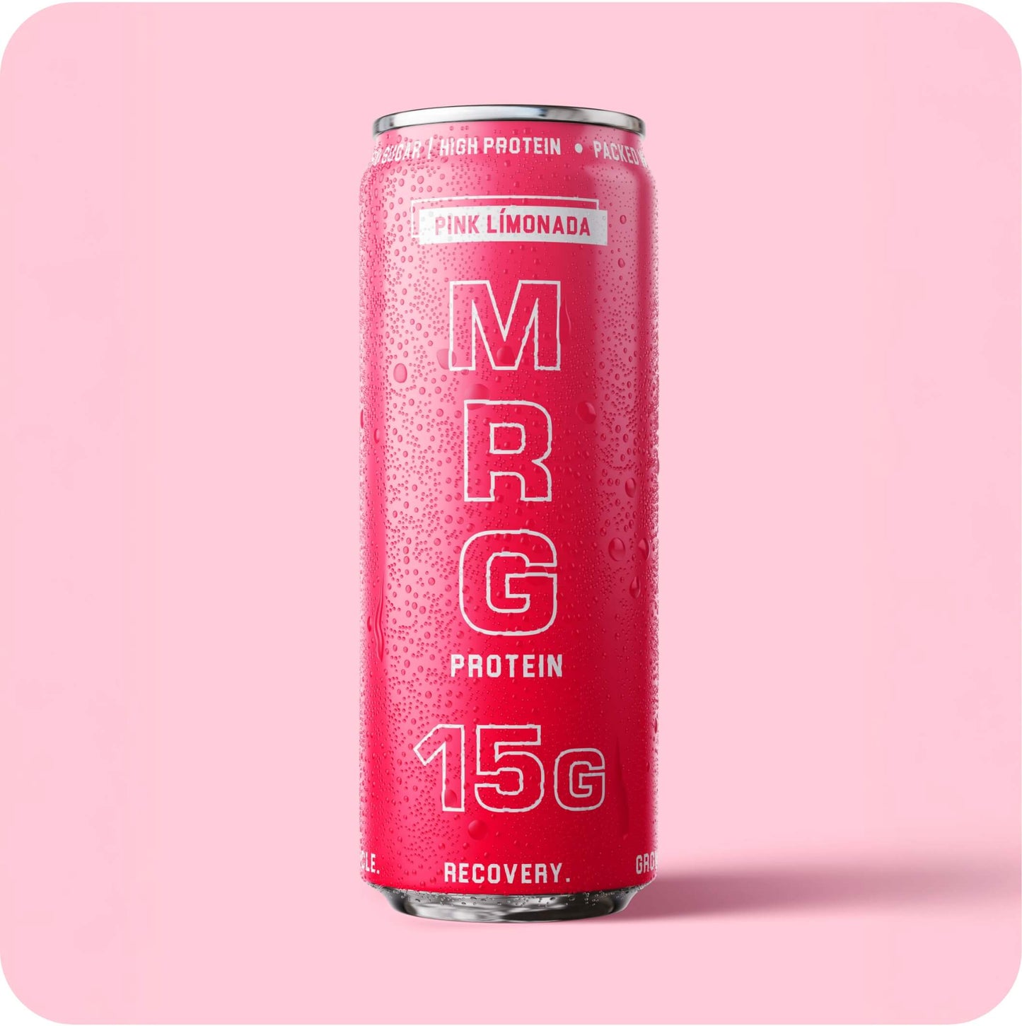 Front of MRG Protein Pink Límonada carbonated protein drink can