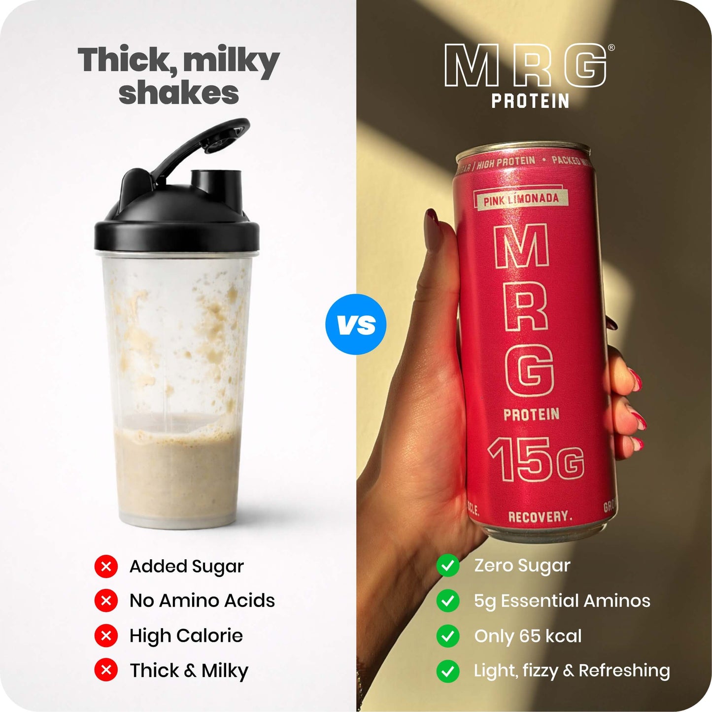 MRG Protein Pink Límonada refreshing carbonated protein drink can compared to traditional milky protein shake