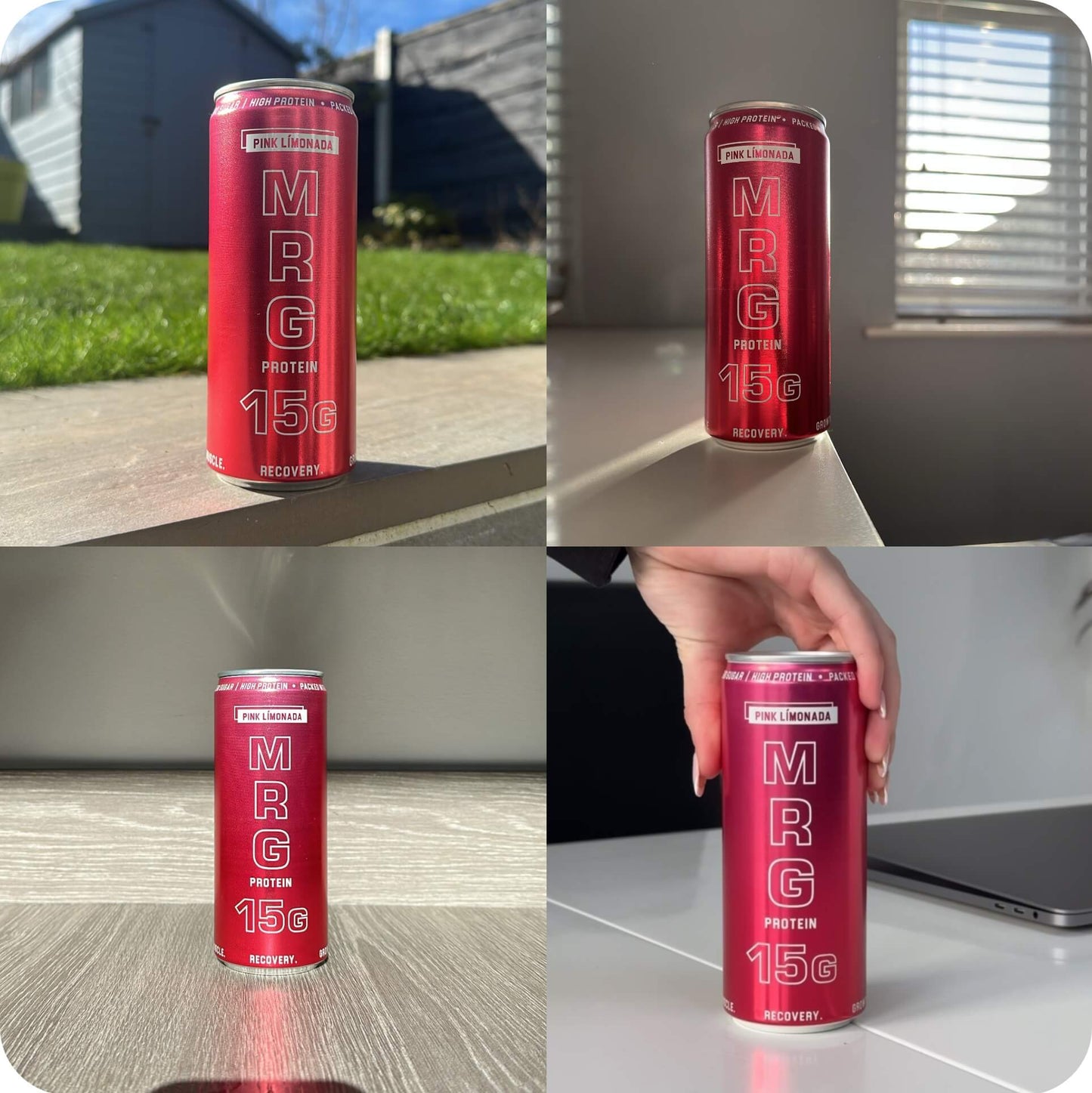 Pink Límonada MRG Protein can in multiple lifestyle settings including hand held outdoor and indoor shots showing 15g protein fizzy drink