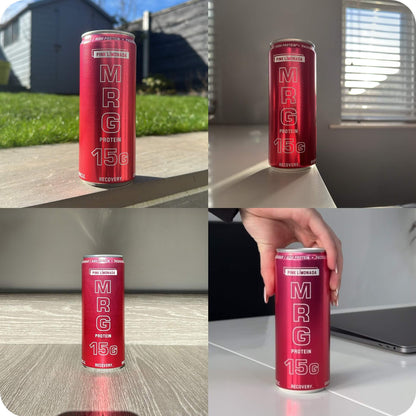 Pink Límonada MRG Protein can in multiple lifestyle settings including hand held outdoor and indoor shots showing 15g protein fizzy drink