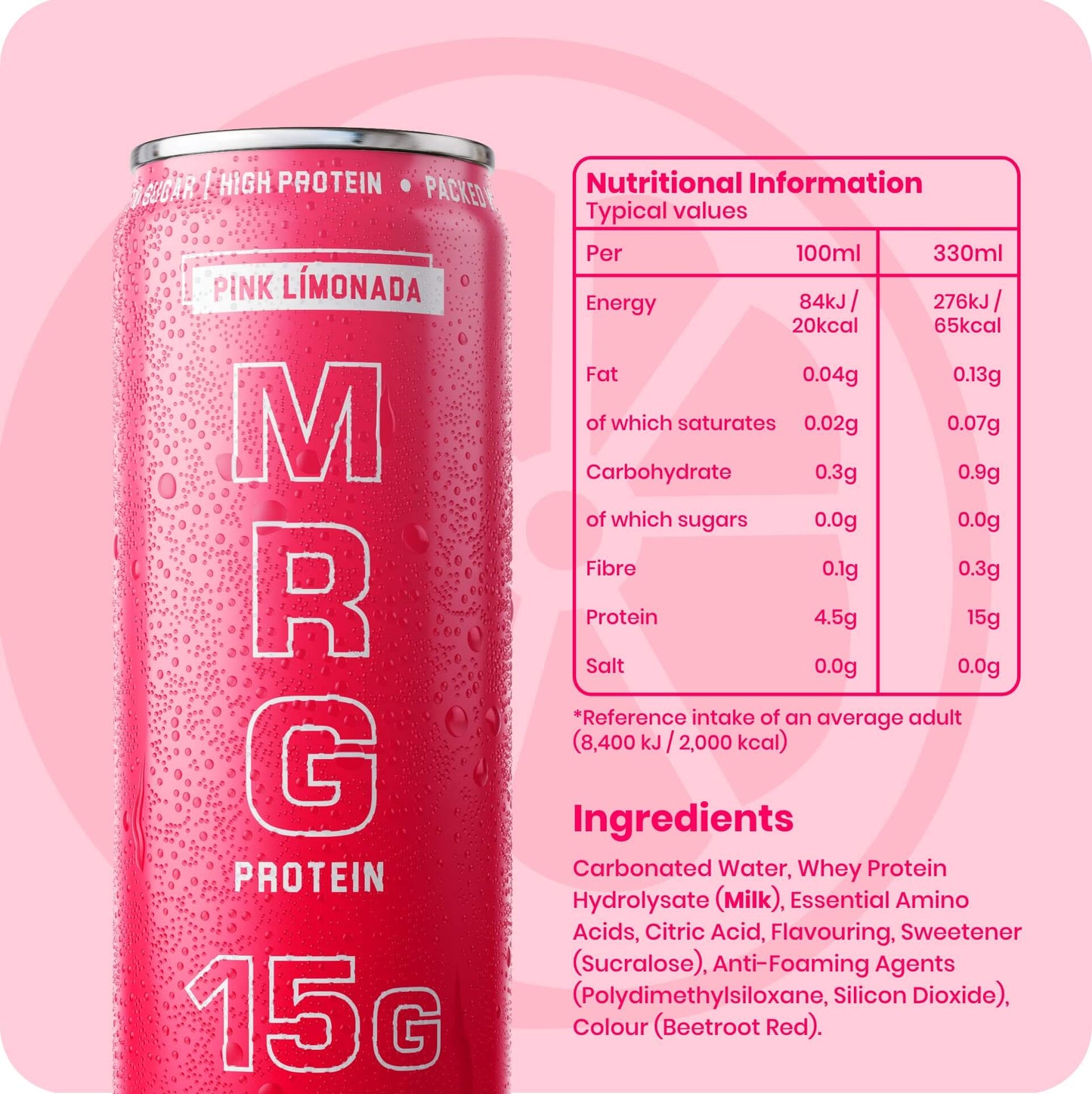 Pink Límonada MRG Protein can with condensation alongside nutritional information and ingredients showing 15g protein zero sugar low calorie fizzy drink