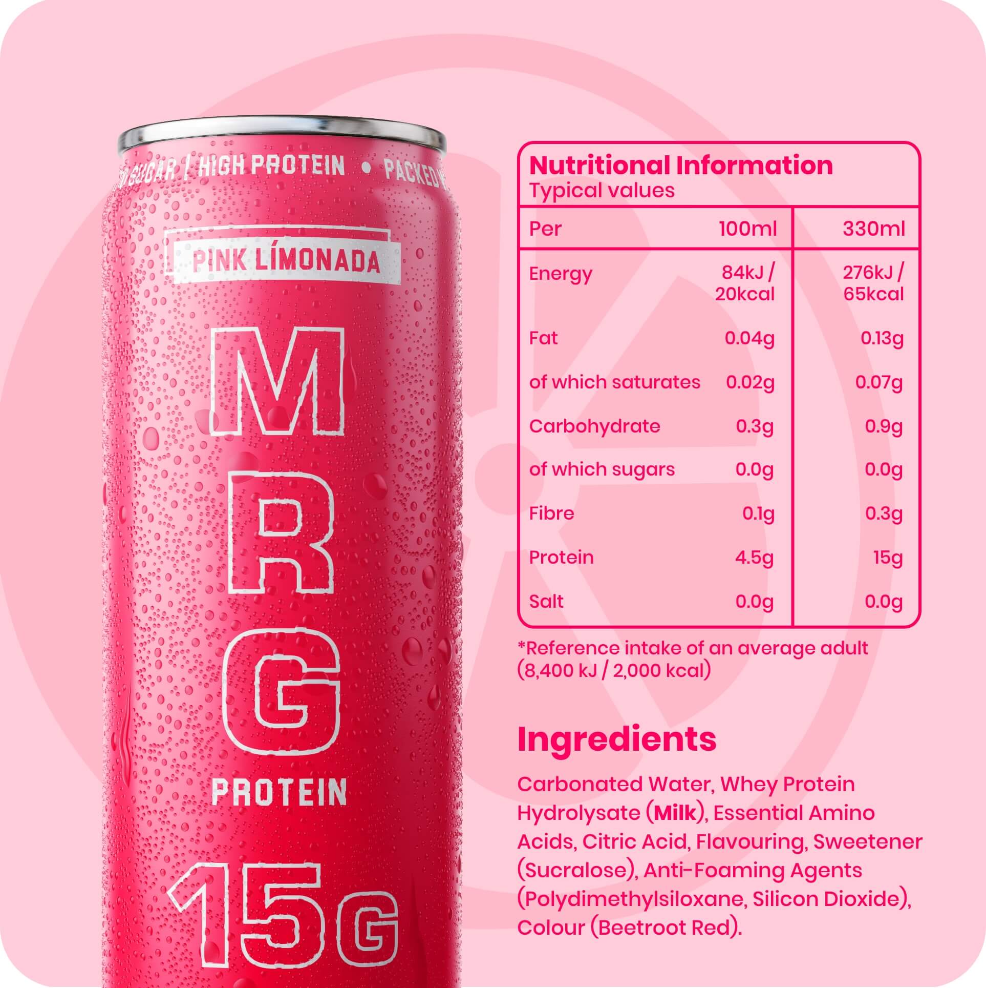 Pink Límonada MRG Protein can with condensation alongside nutritional information and ingredients showing 15g protein zero sugar low calorie fizzy drink