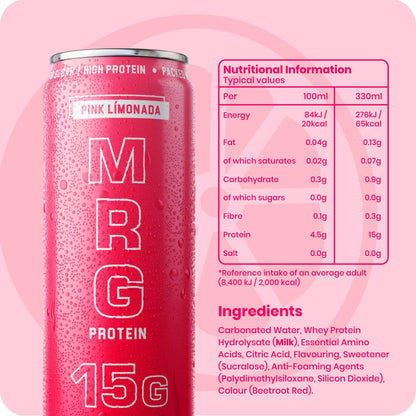 Pink Límonada MRG Protein can with condensation alongside nutritional information and ingredients showing 15g protein zero sugar low calorie fizzy drink