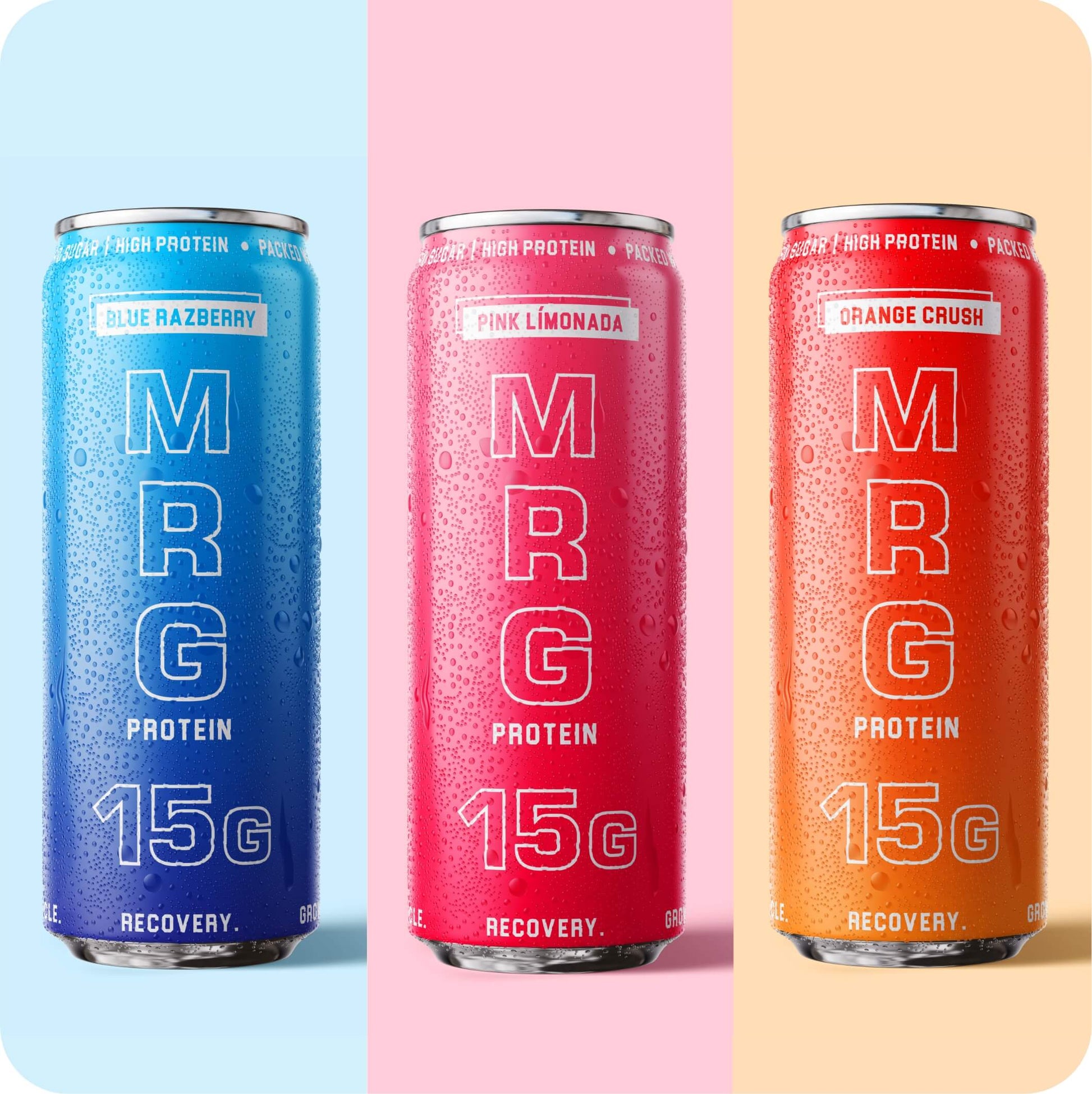 Front of MRG Protein Variety Pack with Blue Razberry, Pink Límonada and Orange Crush cans