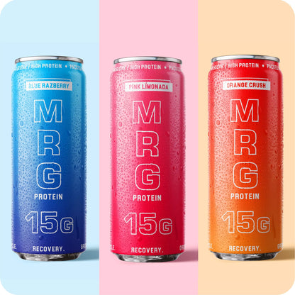 Front of MRG Protein Variety Pack with Blue Razberry, Pink Límonada and Orange Crush cans