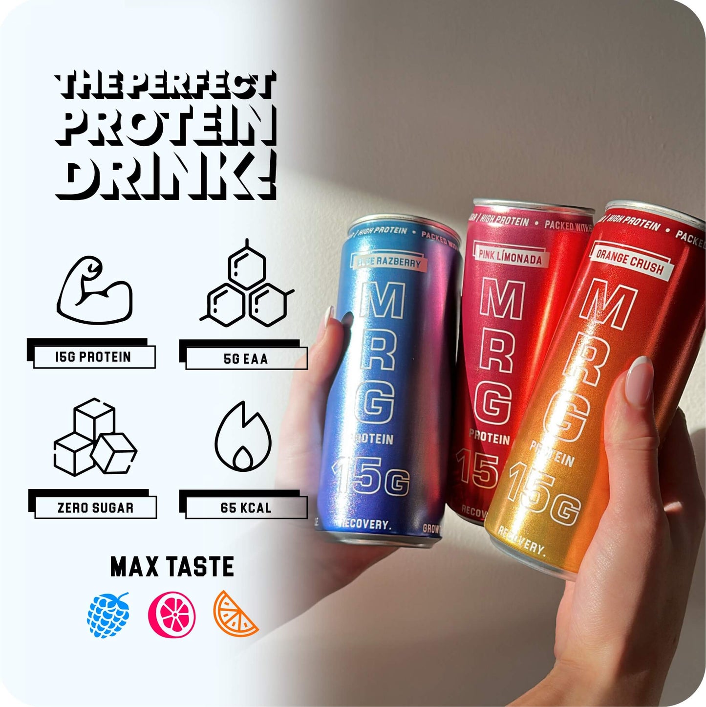 MRG Protein Variety Pack showing Blue Razberry, Pink Límonada and Orange Crush cans with 15g protein, 5g EAA, zero sugar and 65 calories