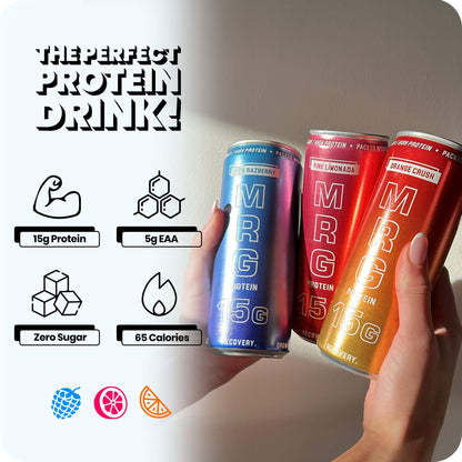 MRG Protein Variety Pack showing Blue Razberry, Pink Límonada and Orange Crush cans with 15g protein, 5g EAA, zero sugar and 65 calories