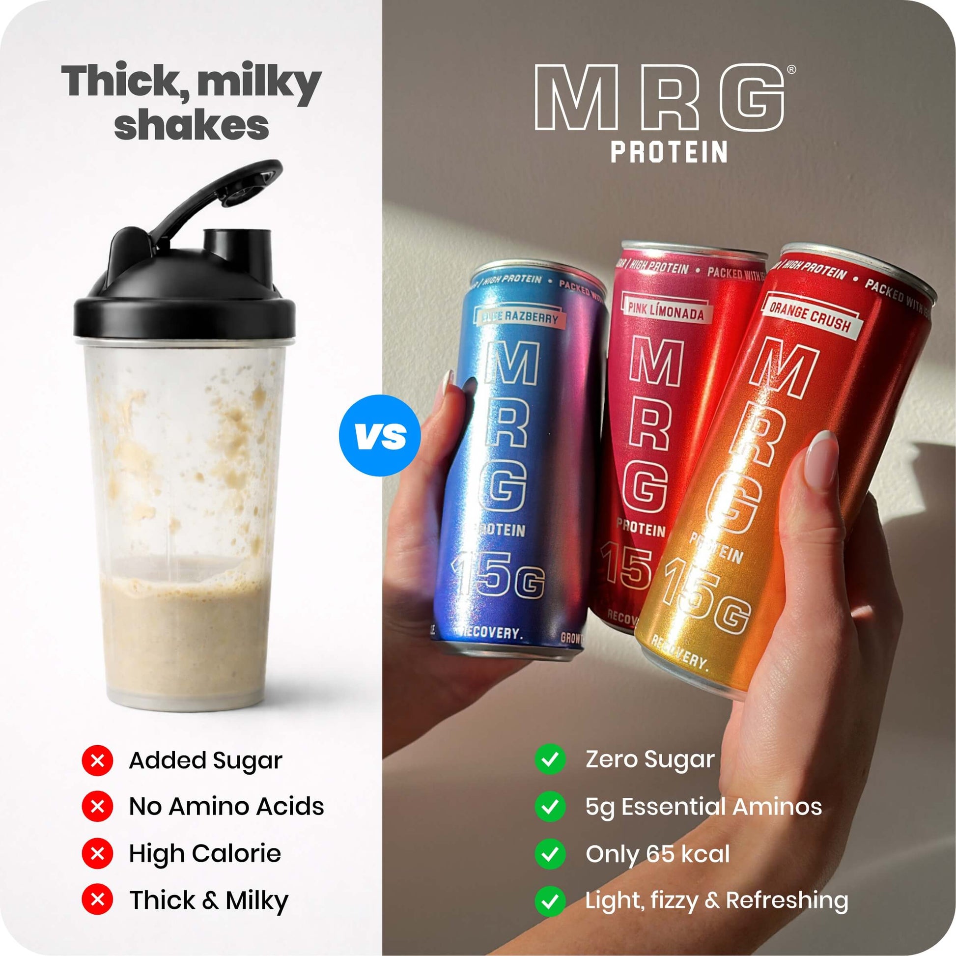 MRG Protein Variety Pack carbonated protein drinks compared to traditional milky protein shakes