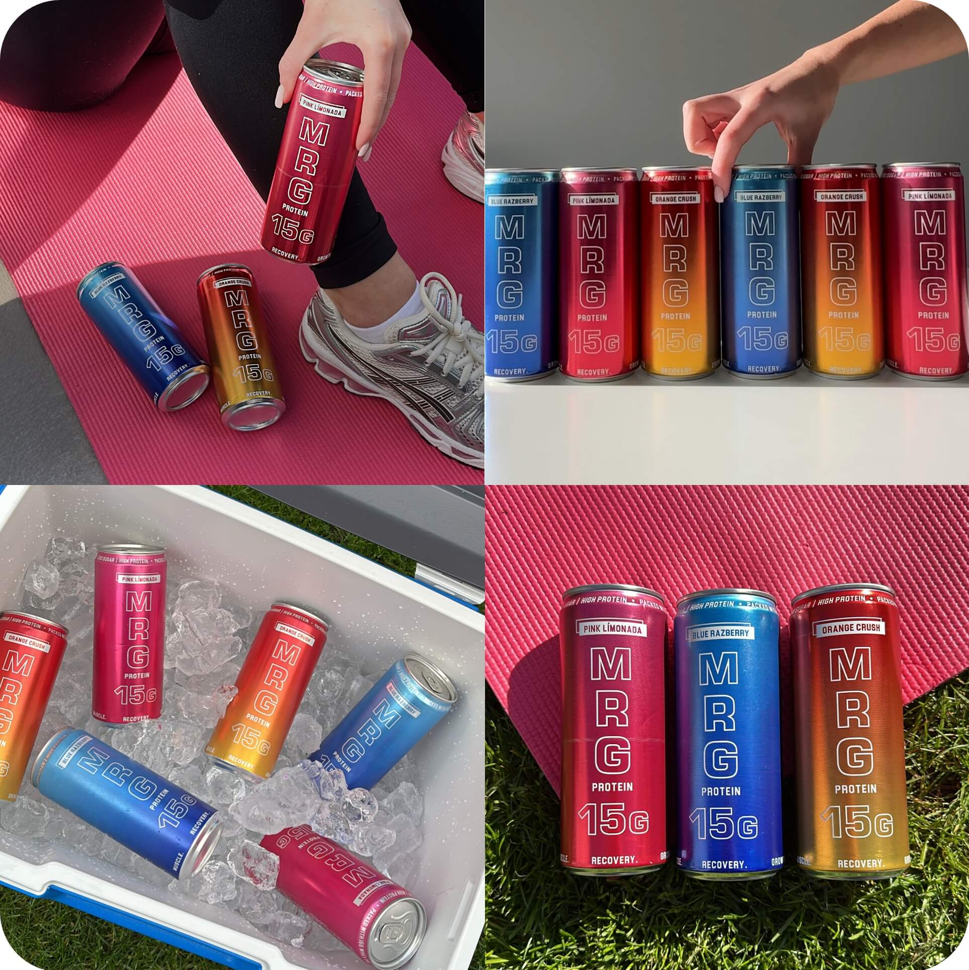 All MRG Protein cans in multiple lifestyle settings including hand held outdoor and indoor shots showing 15g protein fizzy drink